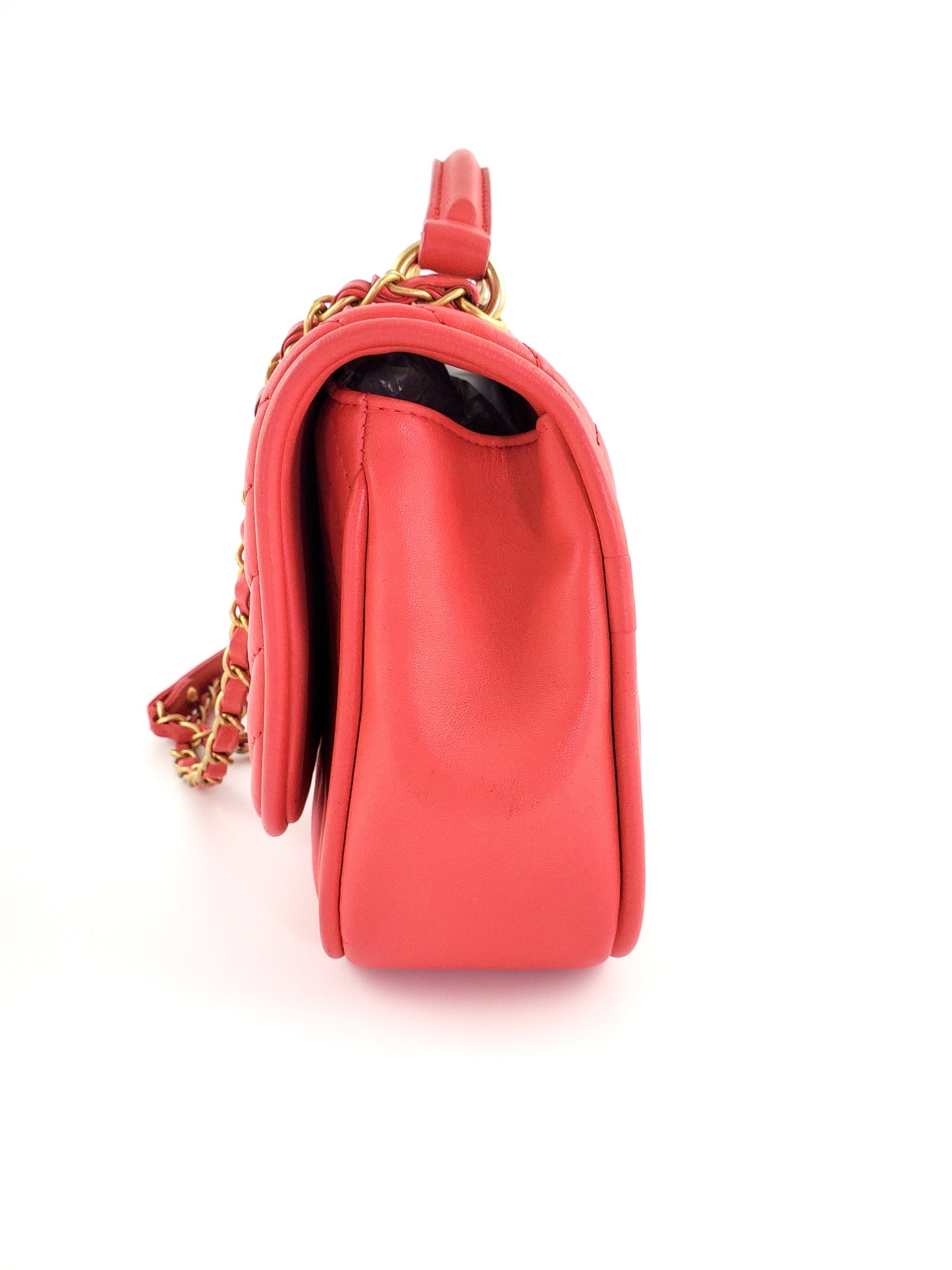 Chanel Red Reverse Chevron Quilted Round Top Handle Flap Bag