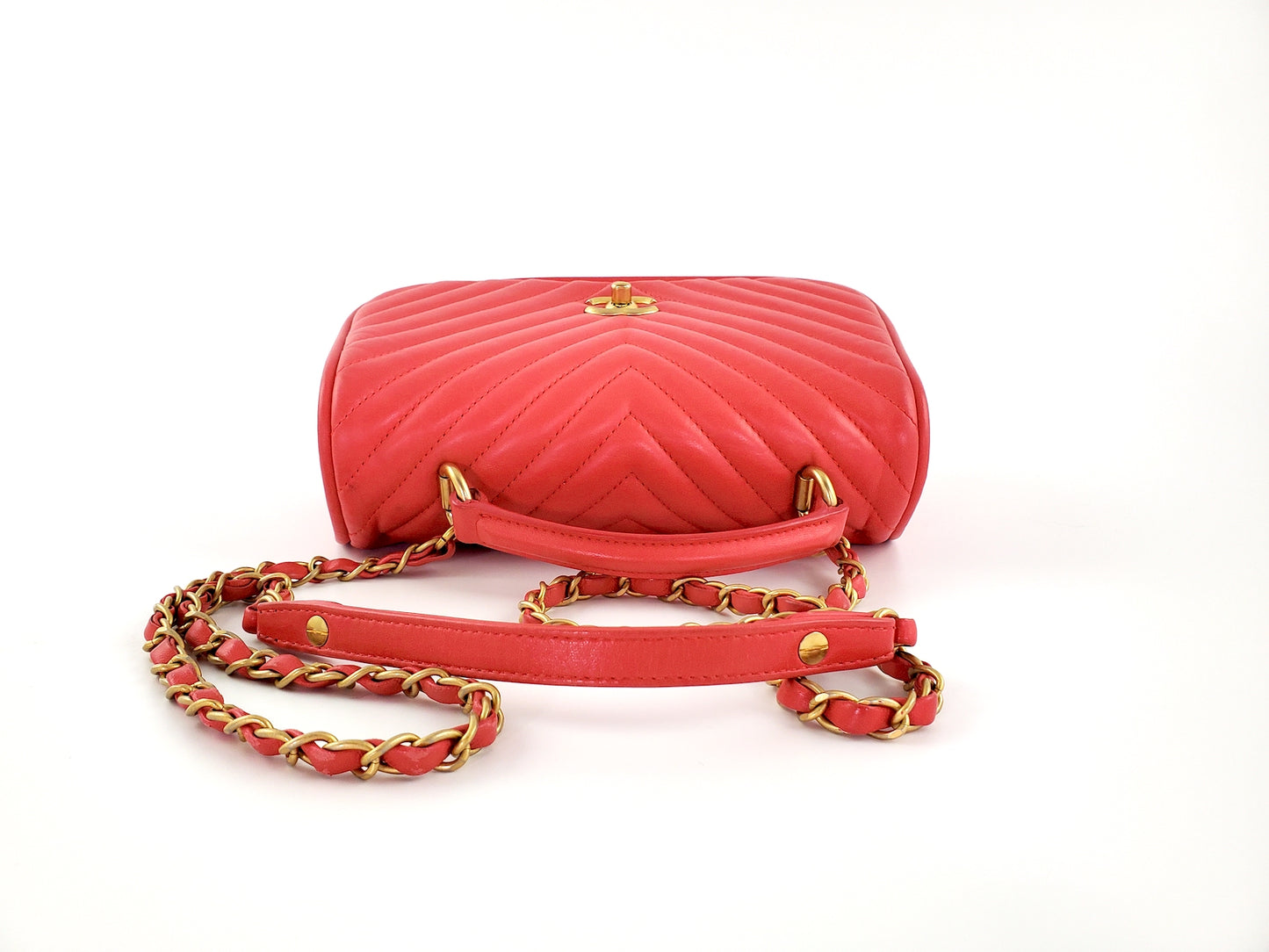 Chanel Red Reverse Chevron Quilted Round Top Handle Flap Bag