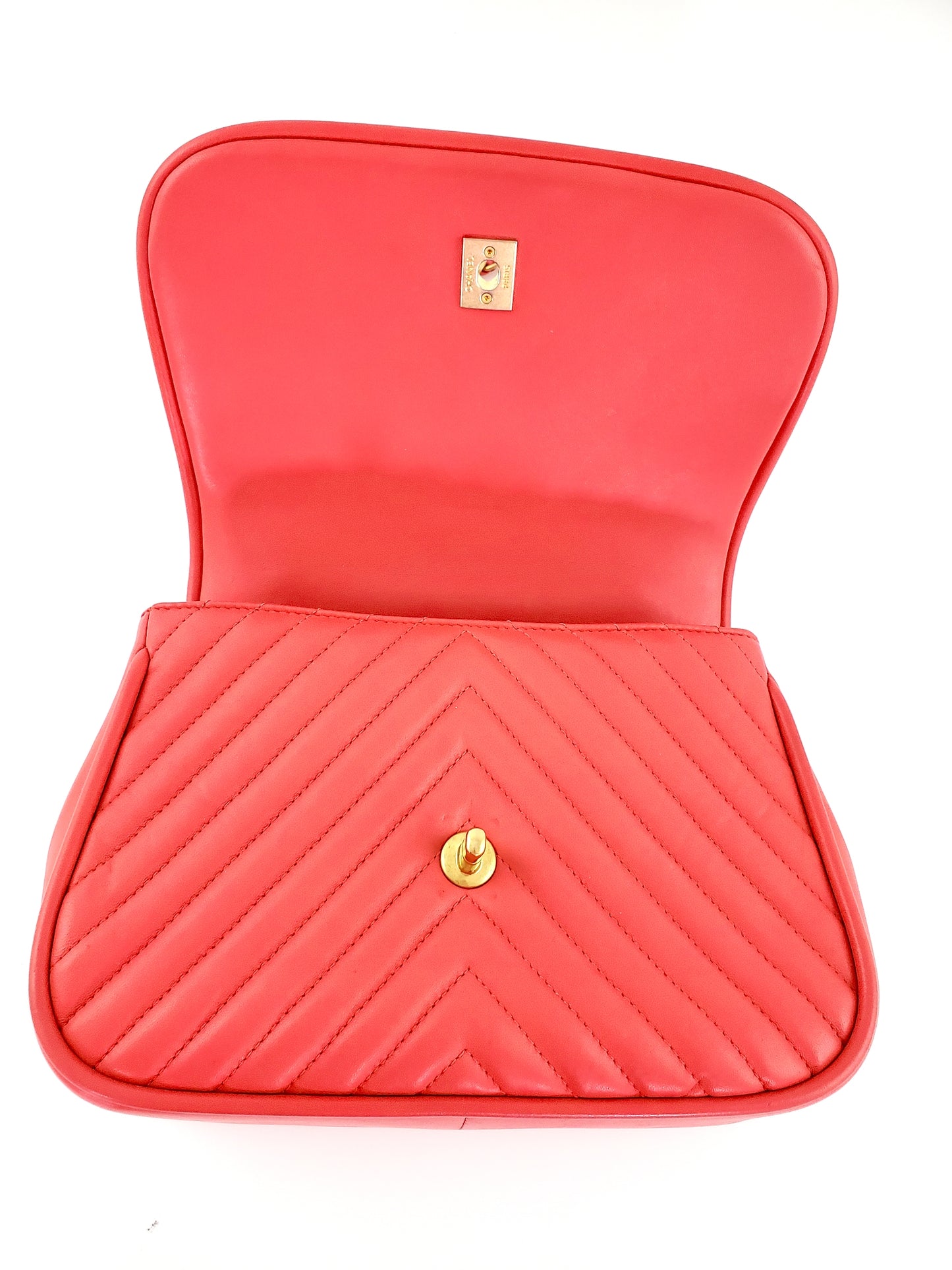 Chanel Red Reverse Chevron Quilted Round Top Handle Flap Bag
