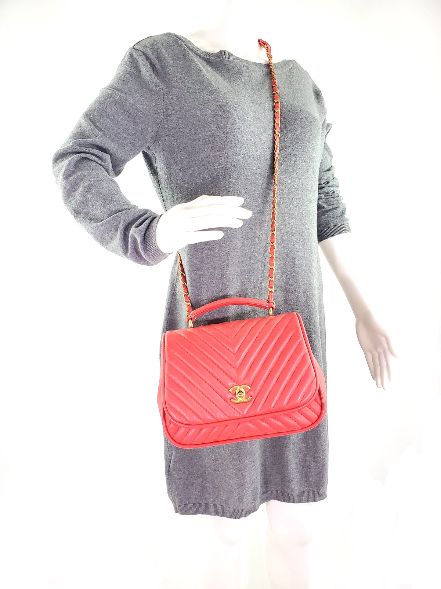 Chanel Red Reverse Chevron Quilted Round Top Handle Flap Bag