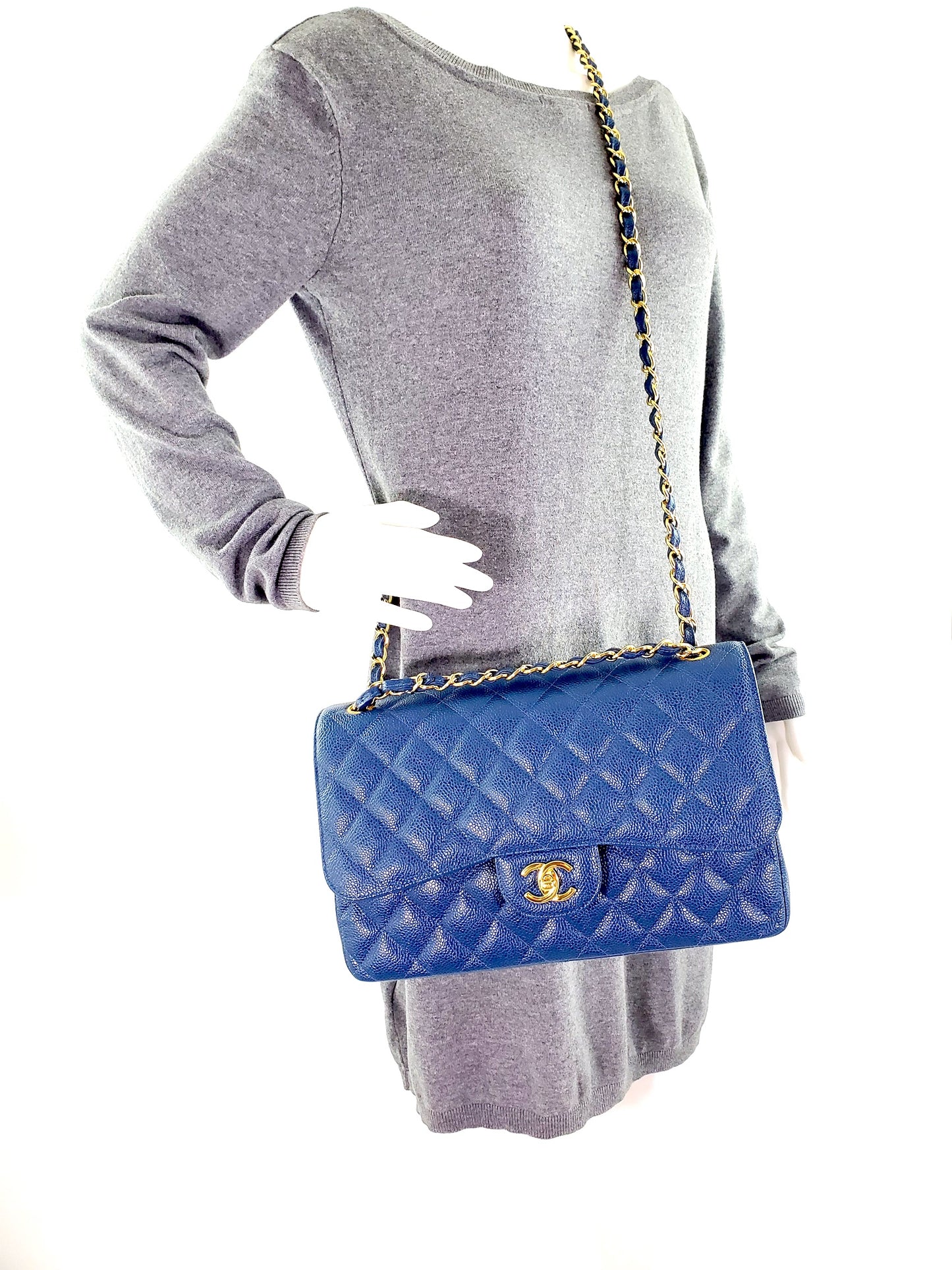 CHANEL Blue 2018 Caviar Jumbo Classic Quilted Double Flap Bag