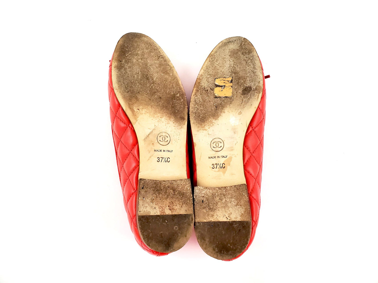 CHANEL 18A Red Quilted CC Logo Classic Ballet Flats 37.5C