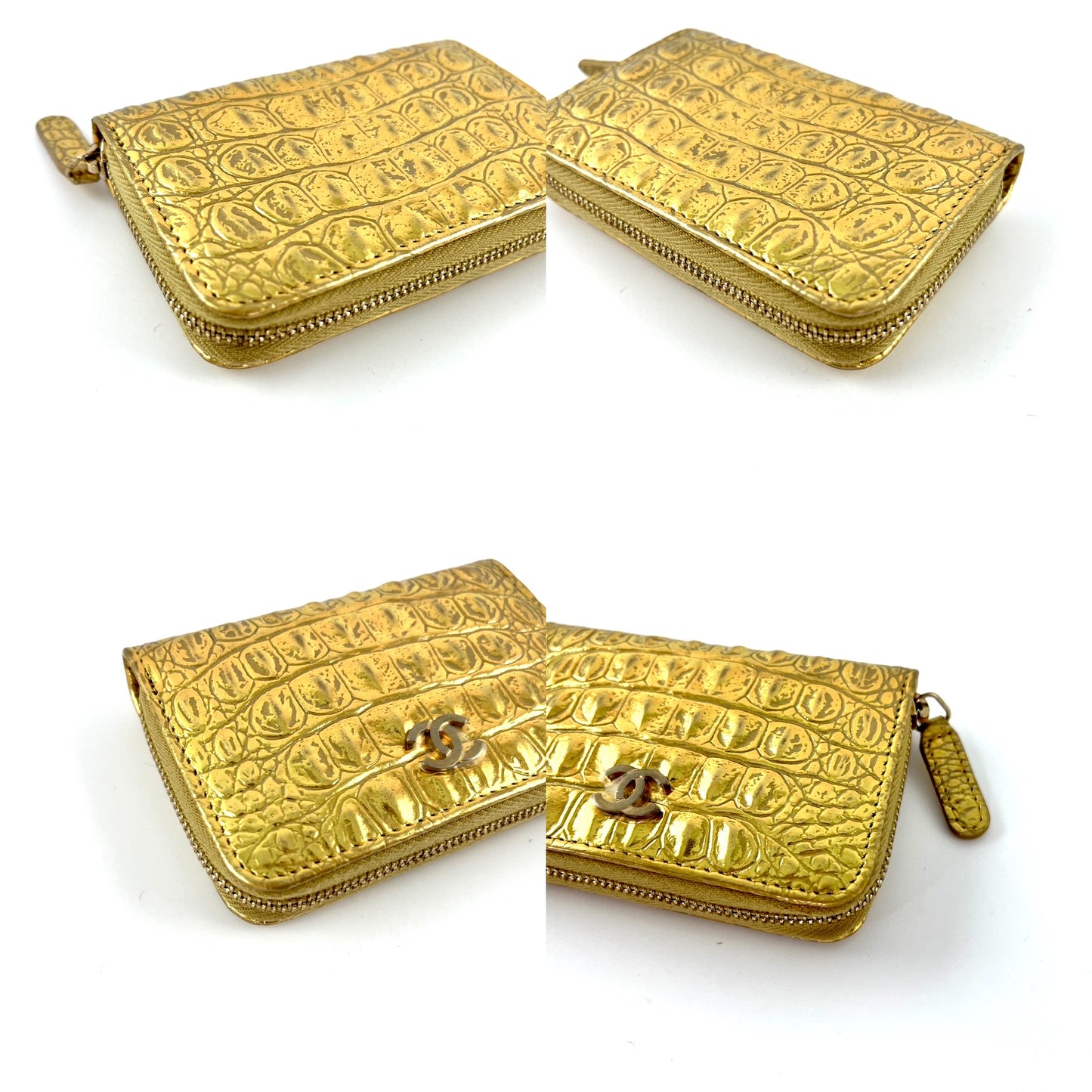New CHANEL Gold Croc Embossed Zip O Coin Purse Wallet