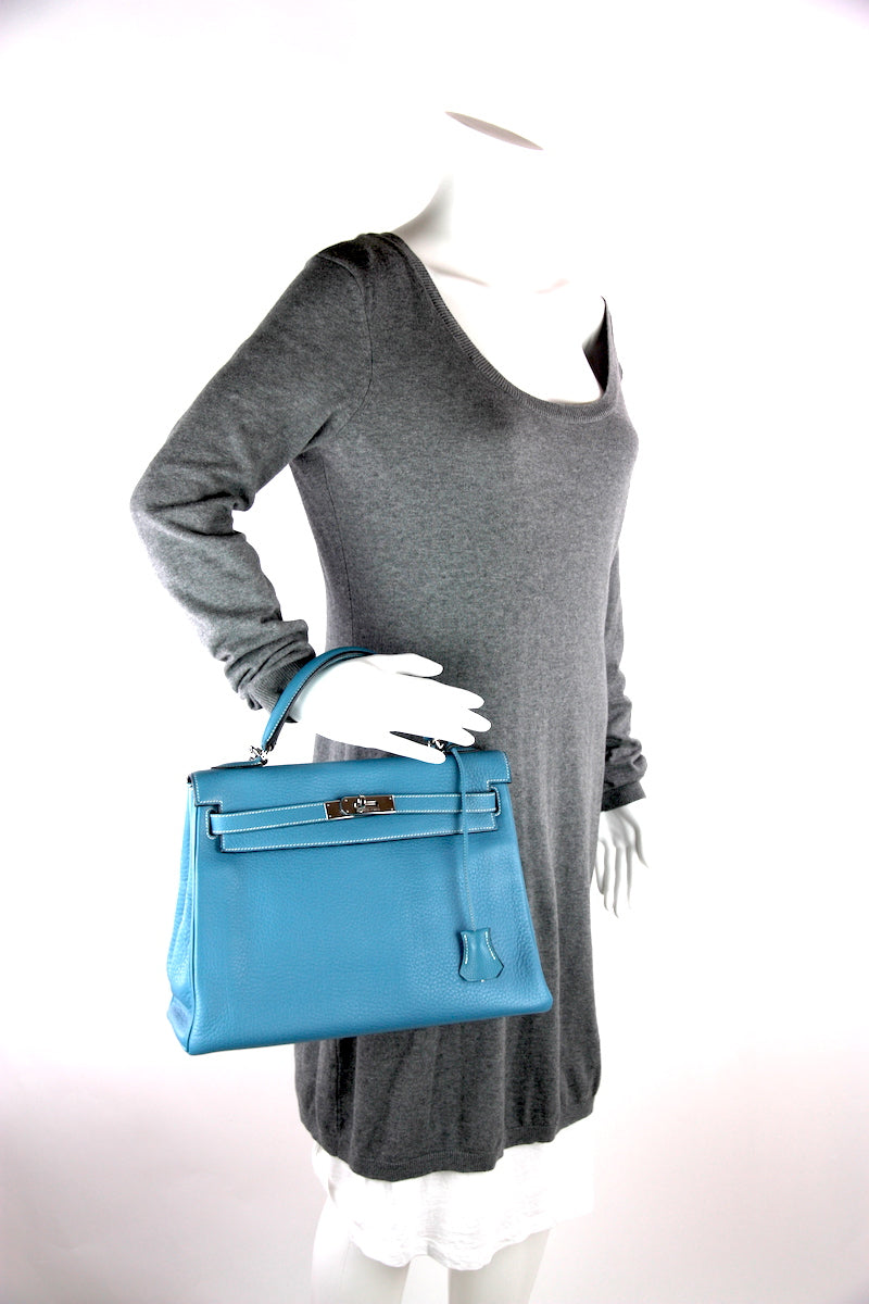 Hermes Blue Jean Clemence Kelly Retourne 32cm