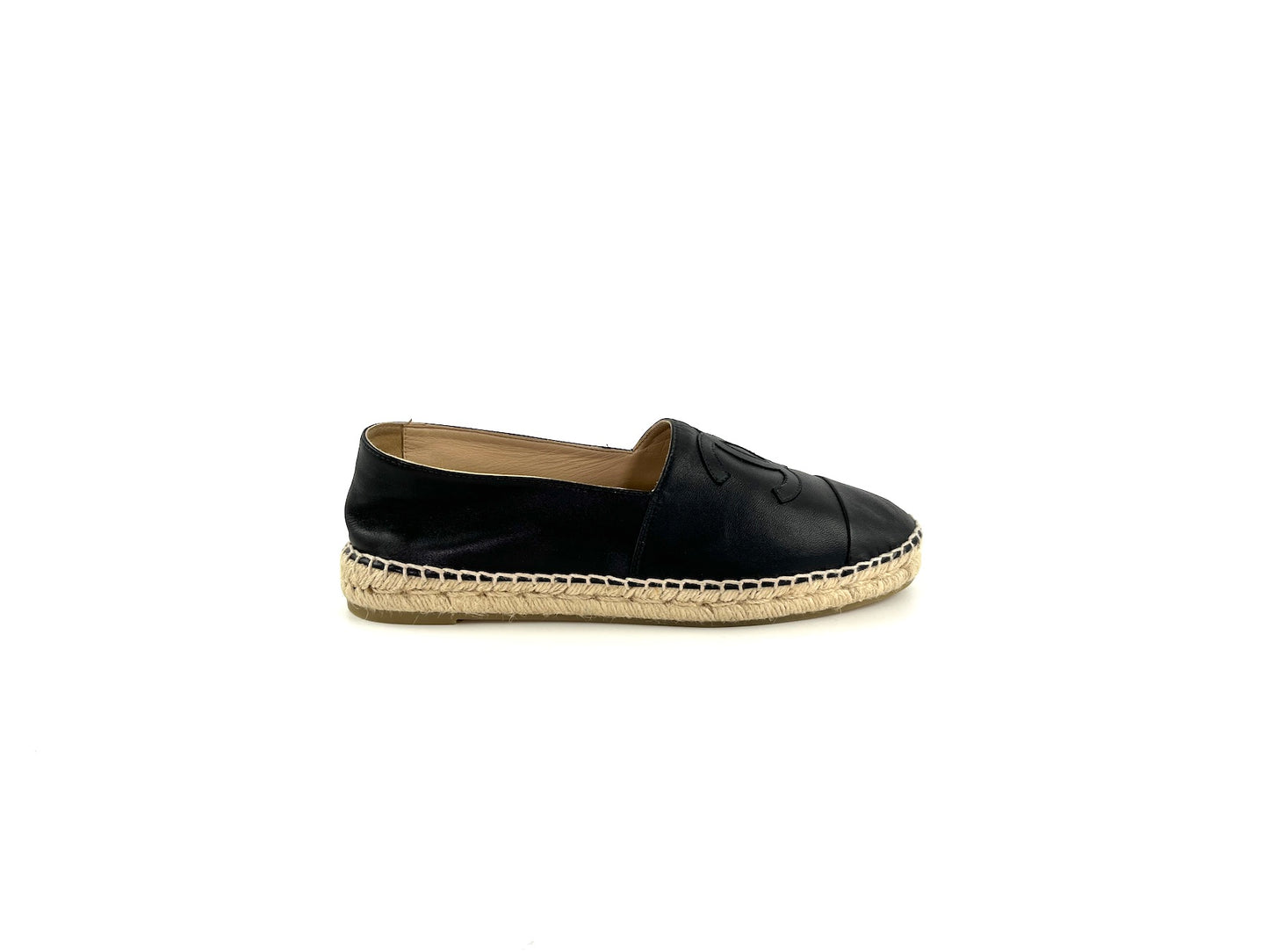CHANEL Black Leather CC Logo Espadrille Flats 40