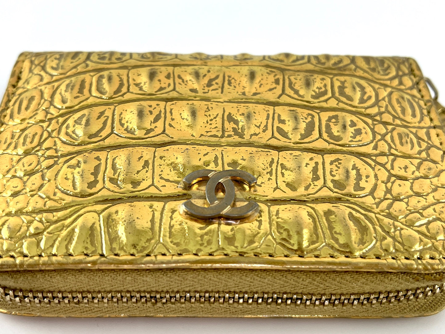 New CHANEL Gold Croc Embossed Zip O Coin Purse Wallet