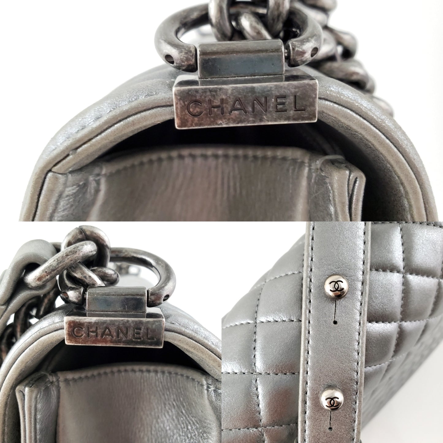 CHANEL Large Metallic Silver Quilted Boy Flap Bag