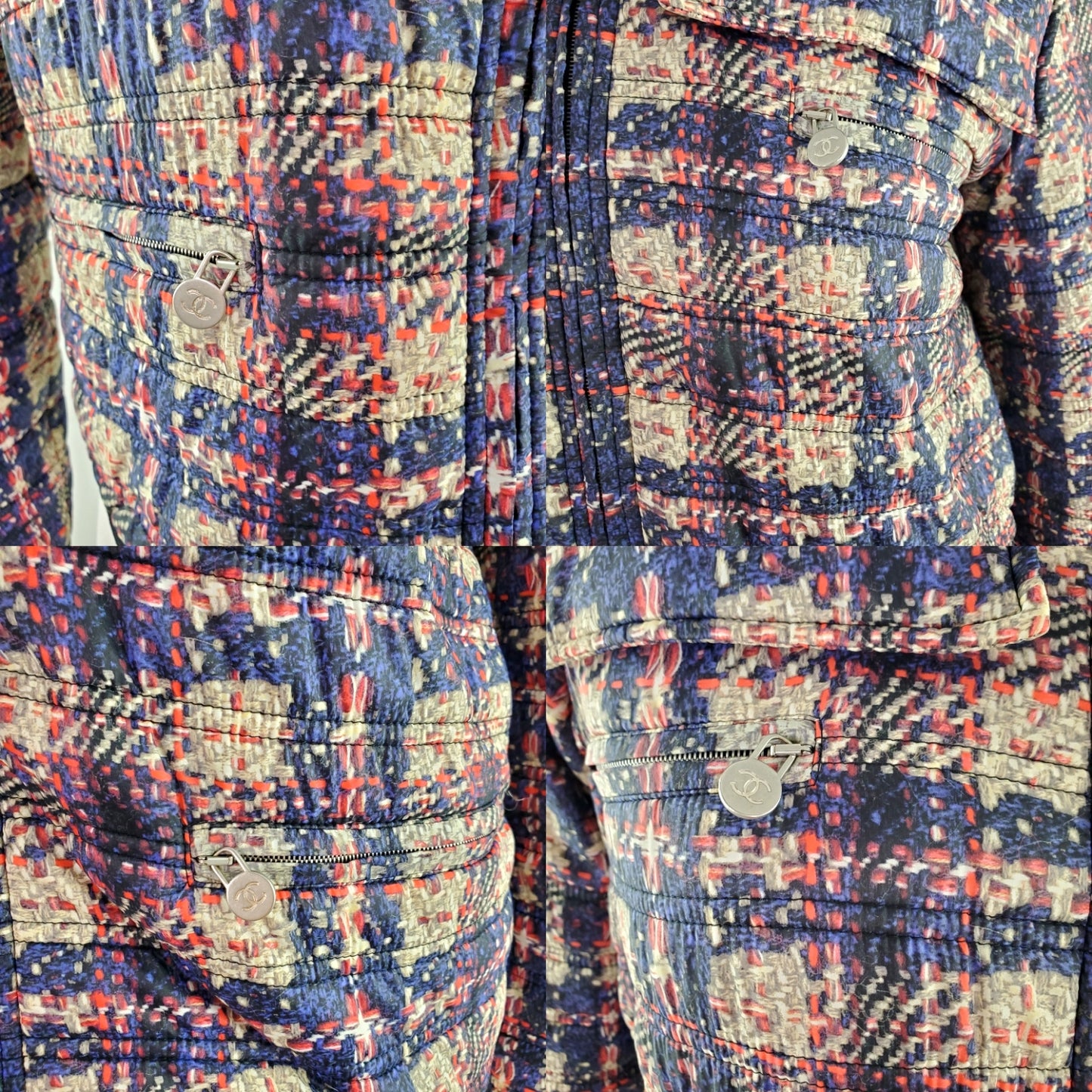 CHANEL 2014 Tweed Print Navy Beige Nylon Hooded Jacket 38