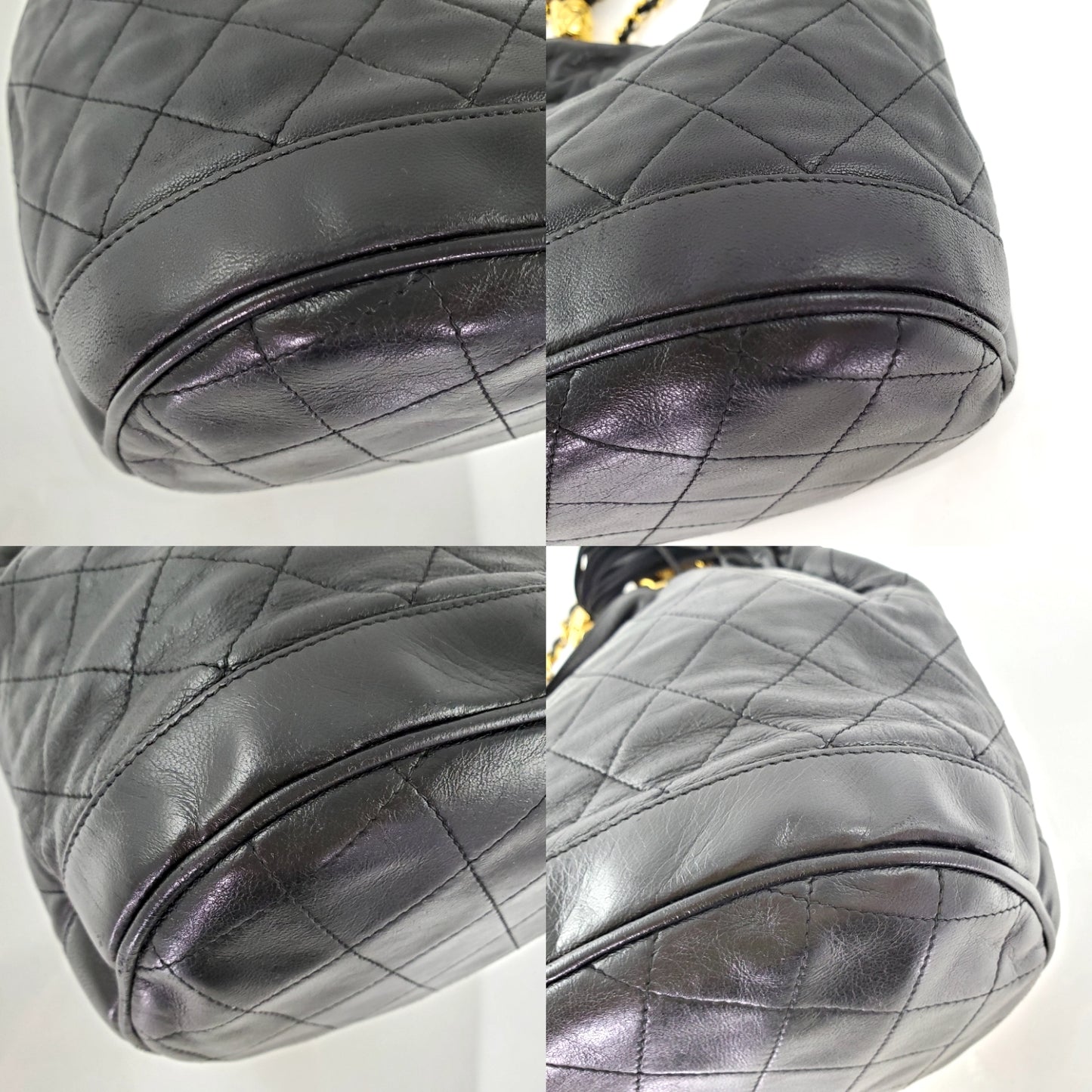 Vintage CHANEL 24k Gold Black Leather Quilted Bucket Bag