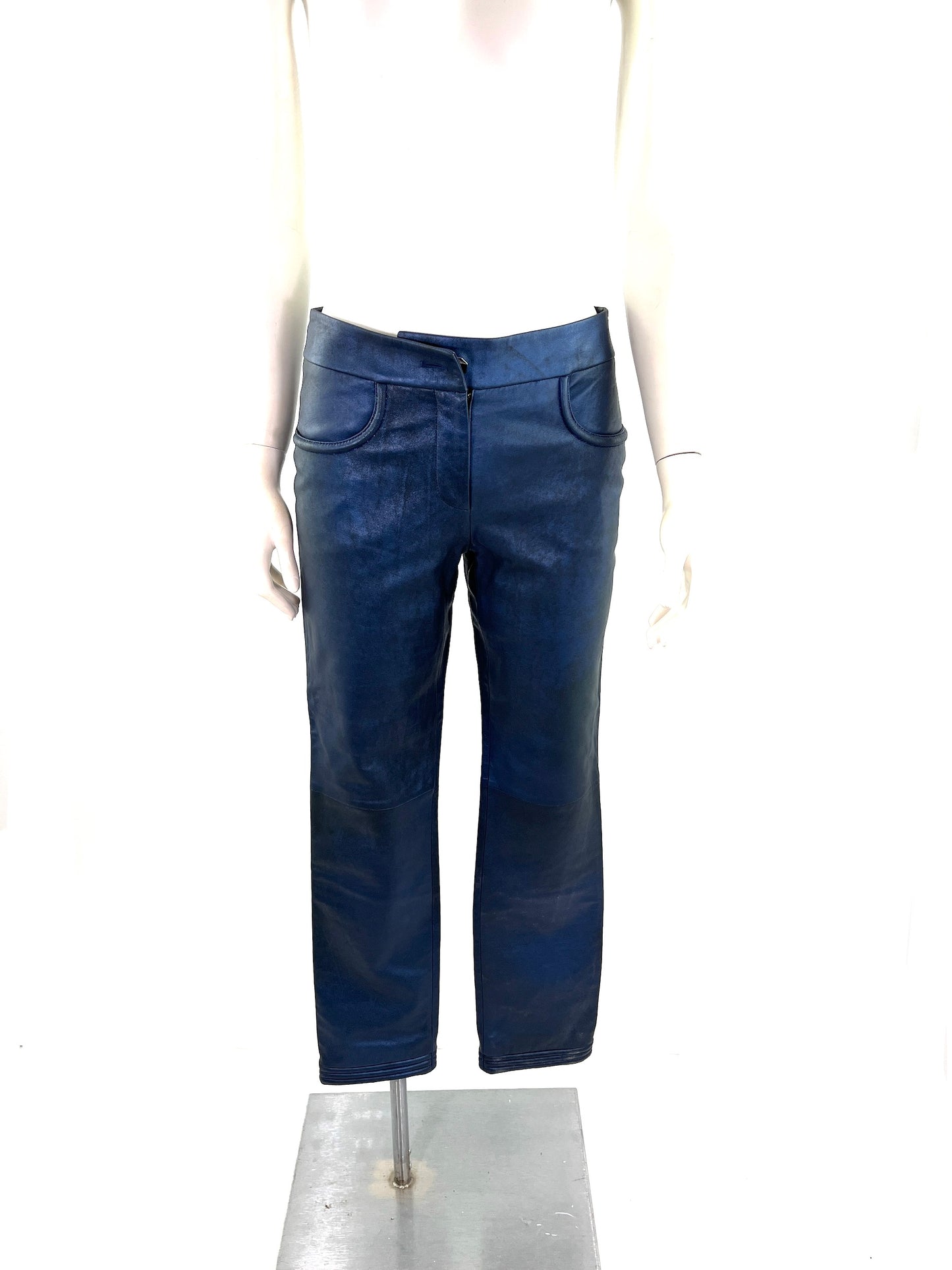 CHANEL Navy Blue Leather Straight Leg Pants 36 2