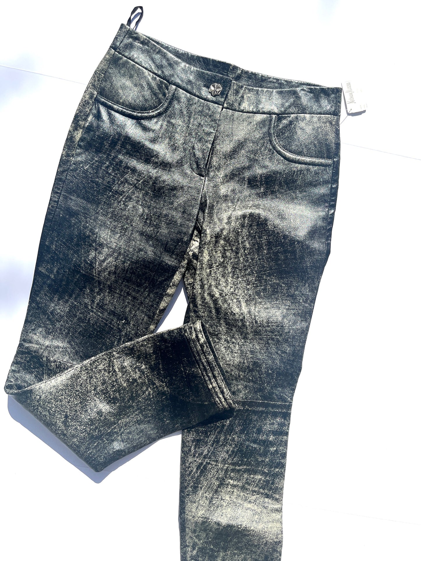 CHANEL Black Beige Leather Straight Leg Pants 36 4