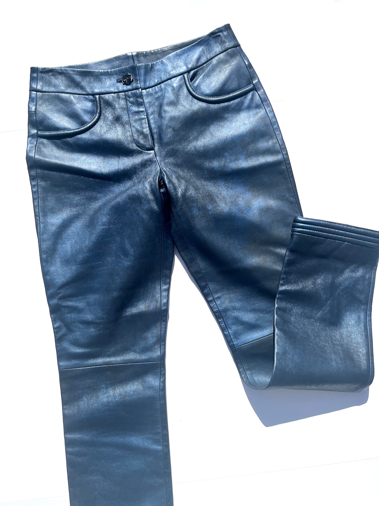 CHANEL Navy Blue Leather Straight Leg Pants 36 2