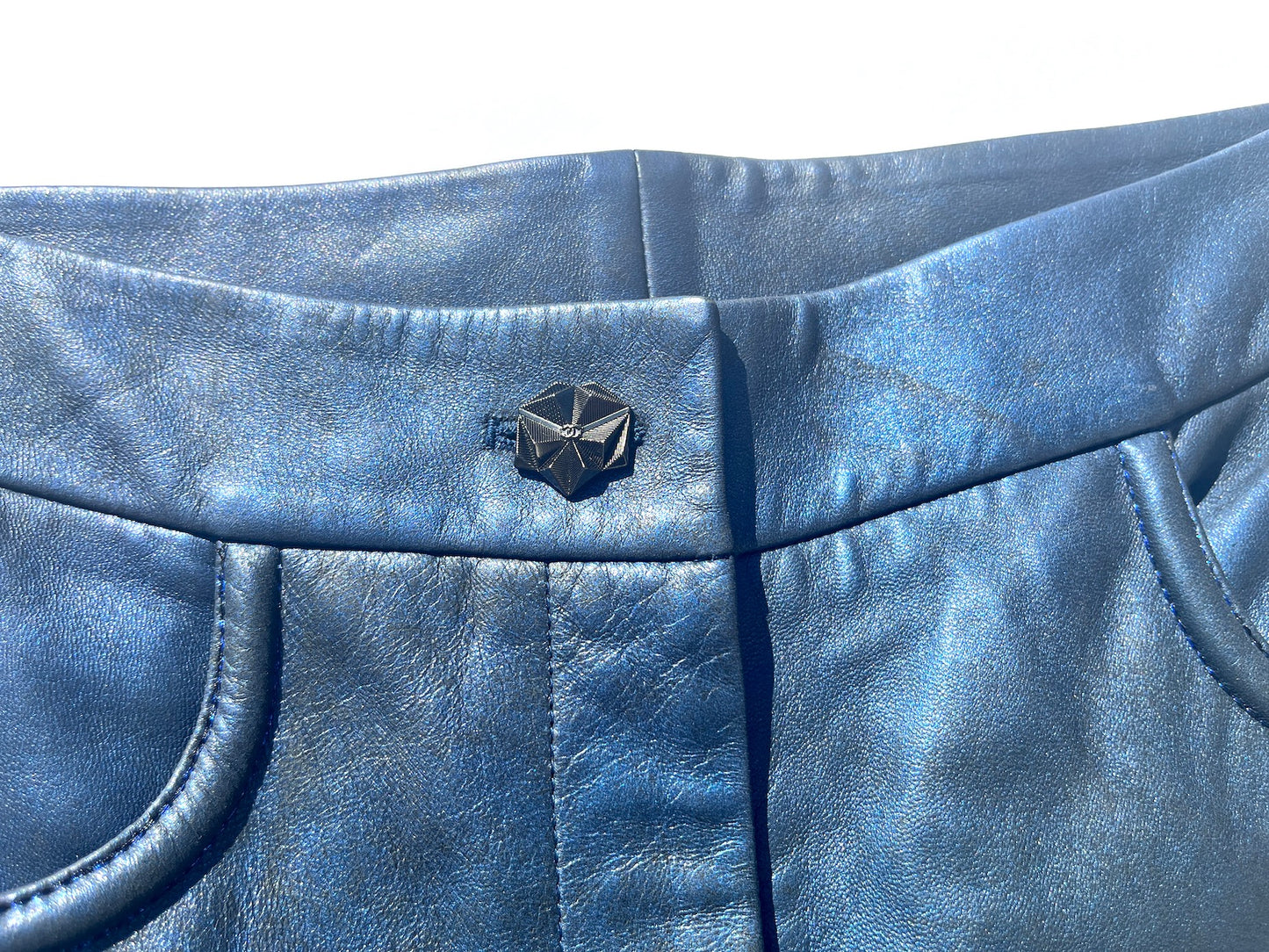 CHANEL Navy Blue Leather Straight Leg Pants 36 2
