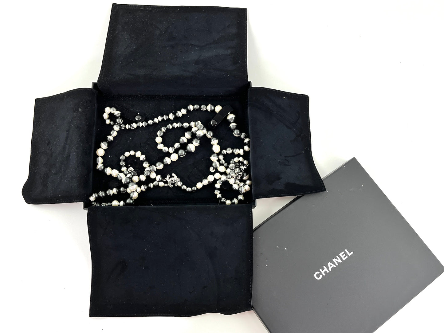 Chanel Faux Pearl Black Silver Multistrand CC Long Necklace