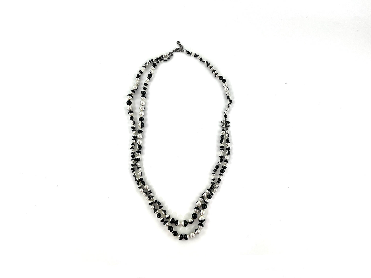 Chanel Faux Pearl Black Silver Multistrand CC Long Necklace