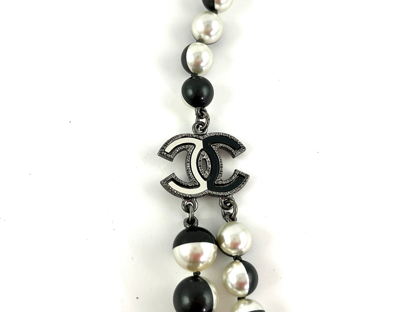 Chanel Faux Pearl Black Silver Multistrand CC Long Necklace