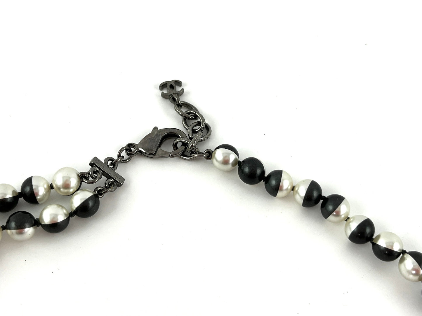 Chanel Faux Pearl Black Silver Multistrand CC Long Necklace