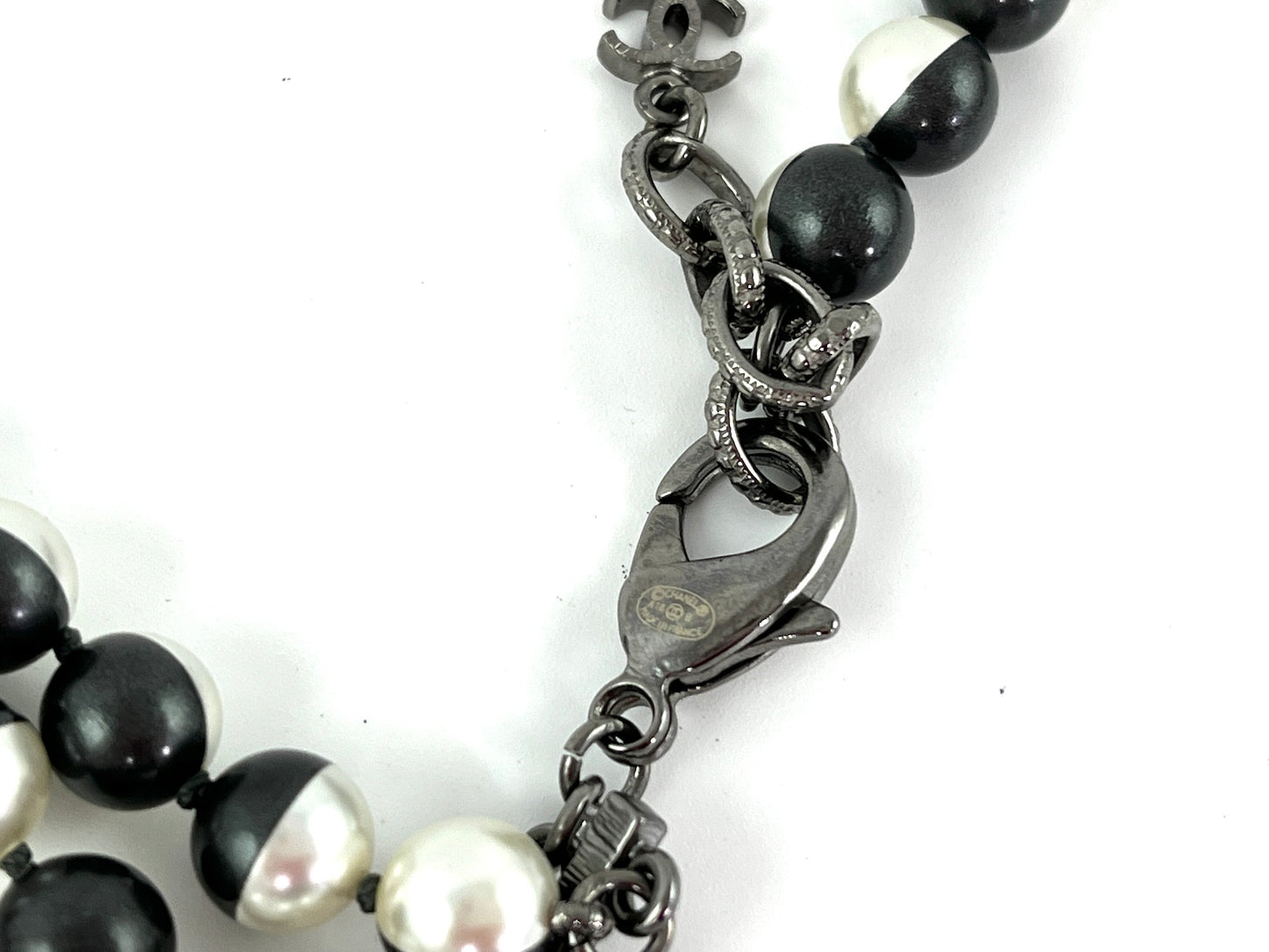 Chanel Faux Pearl Black Silver Multistrand CC Long Necklace