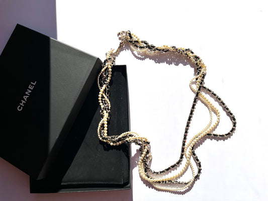 Chanel Faux Pearl Chain Leather Multistrand CC Long Necklace