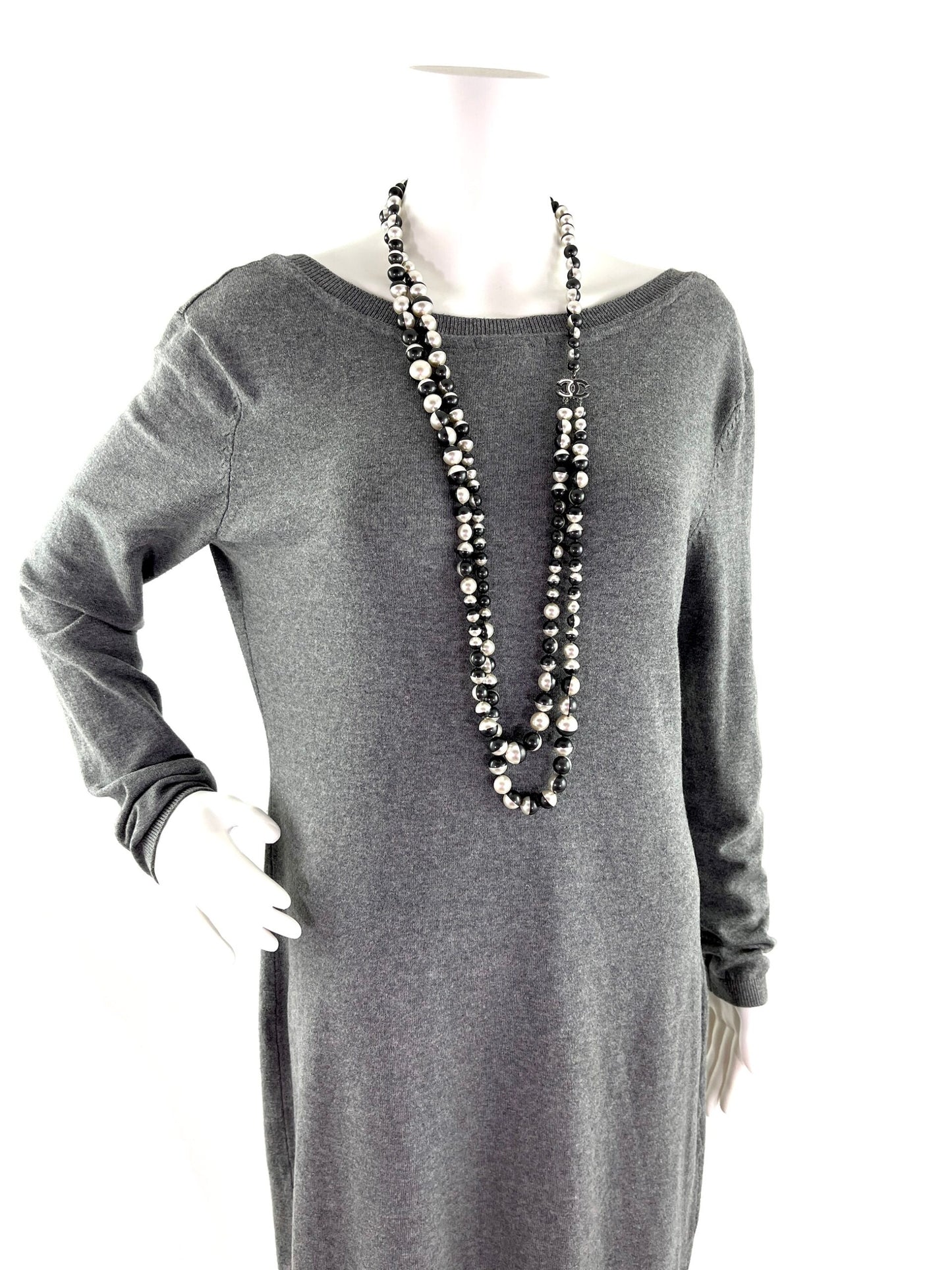 Chanel Faux Pearl Black Silver Multistrand CC Long Necklace