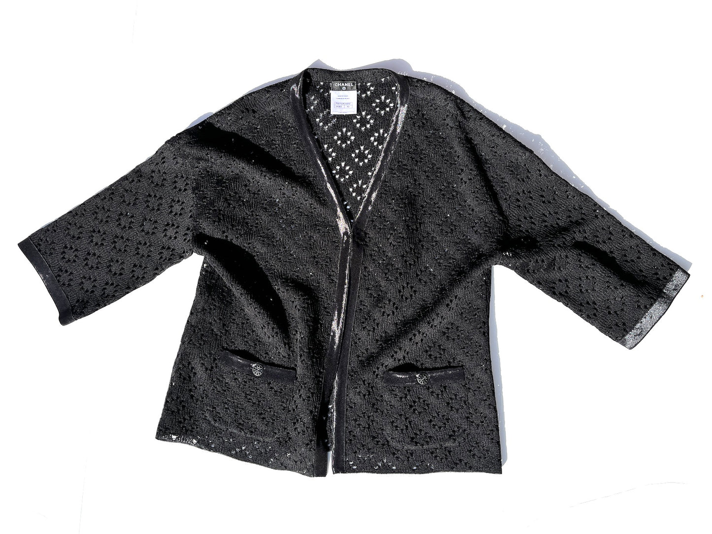 CHANEL Perforated Black Silk Knit Jacket Cardigan 40 M 8