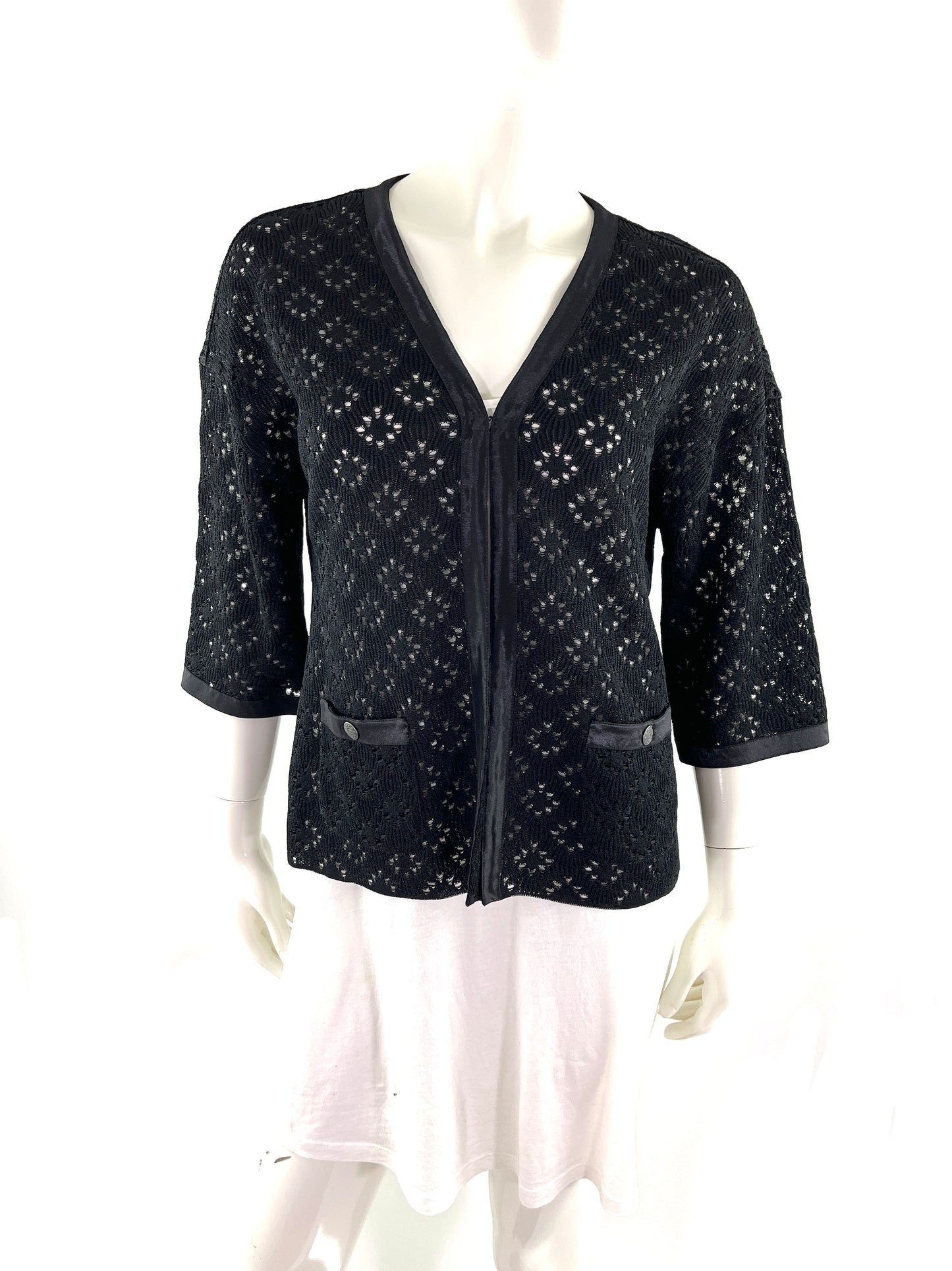 CHANEL Perforated Black Silk Knit Jacket Cardigan 40 M 8