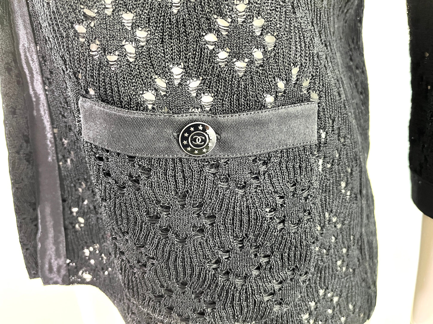 CHANEL Perforated Black Silk Knit Jacket Cardigan 40 M 8