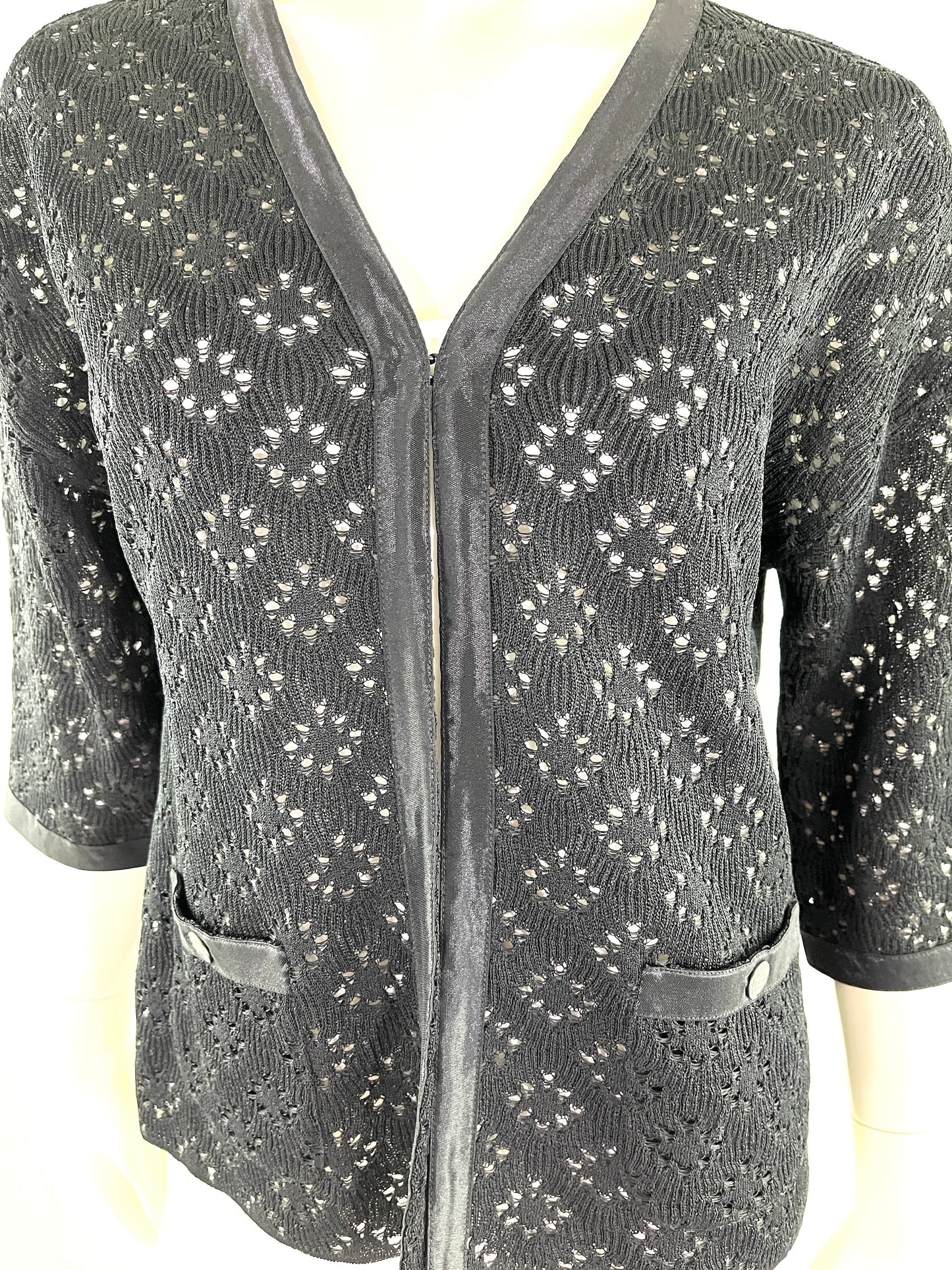 CHANEL Perforated Black Silk Knit Jacket Cardigan 40 M 8