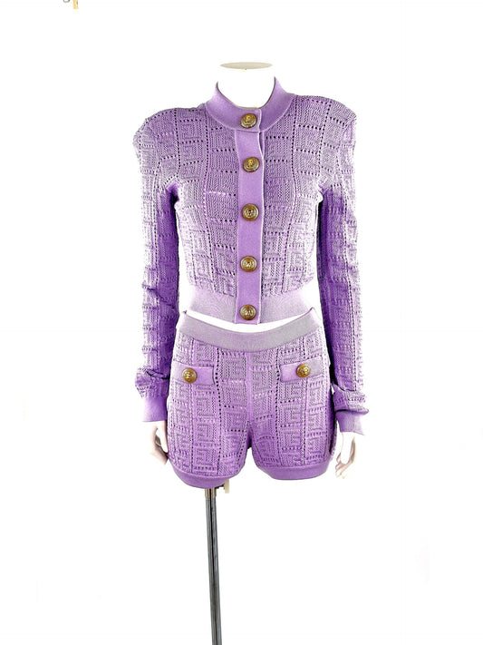 Balmain Monogram Lilac Knit Cardigan and Shorts Set 38