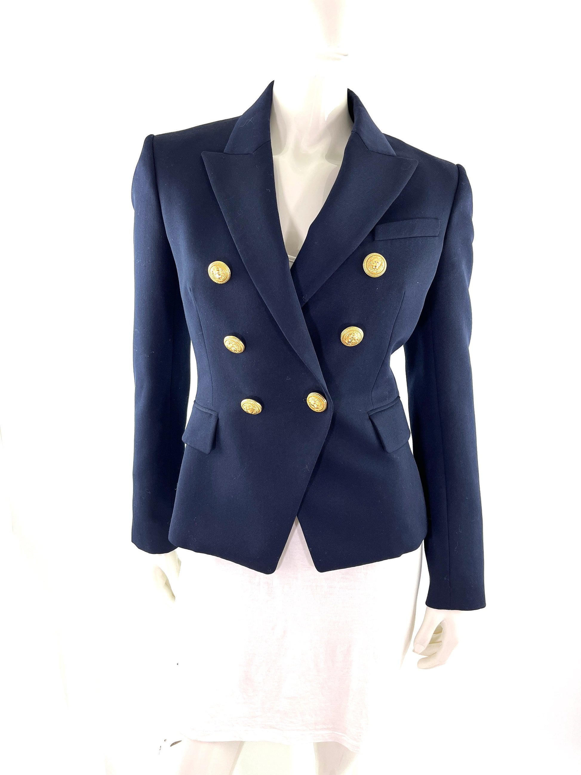 Balmain Navy Blue Gold Button Embellished Wool Blazer Jacket 38