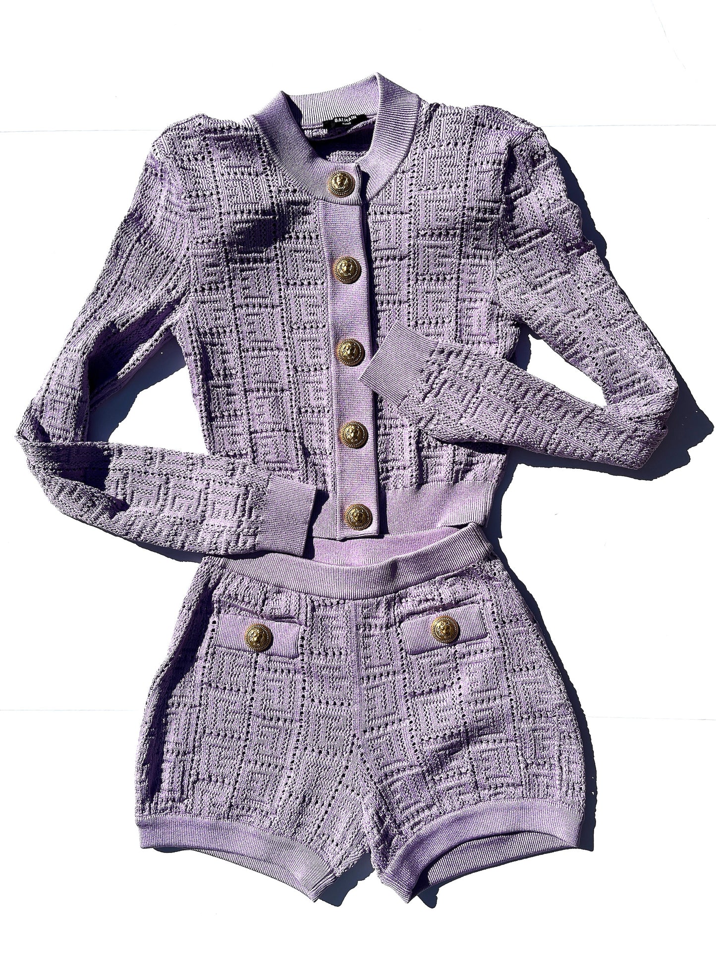 Balmain Monogram Lilac Knit Cardigan and Shorts Set 38
