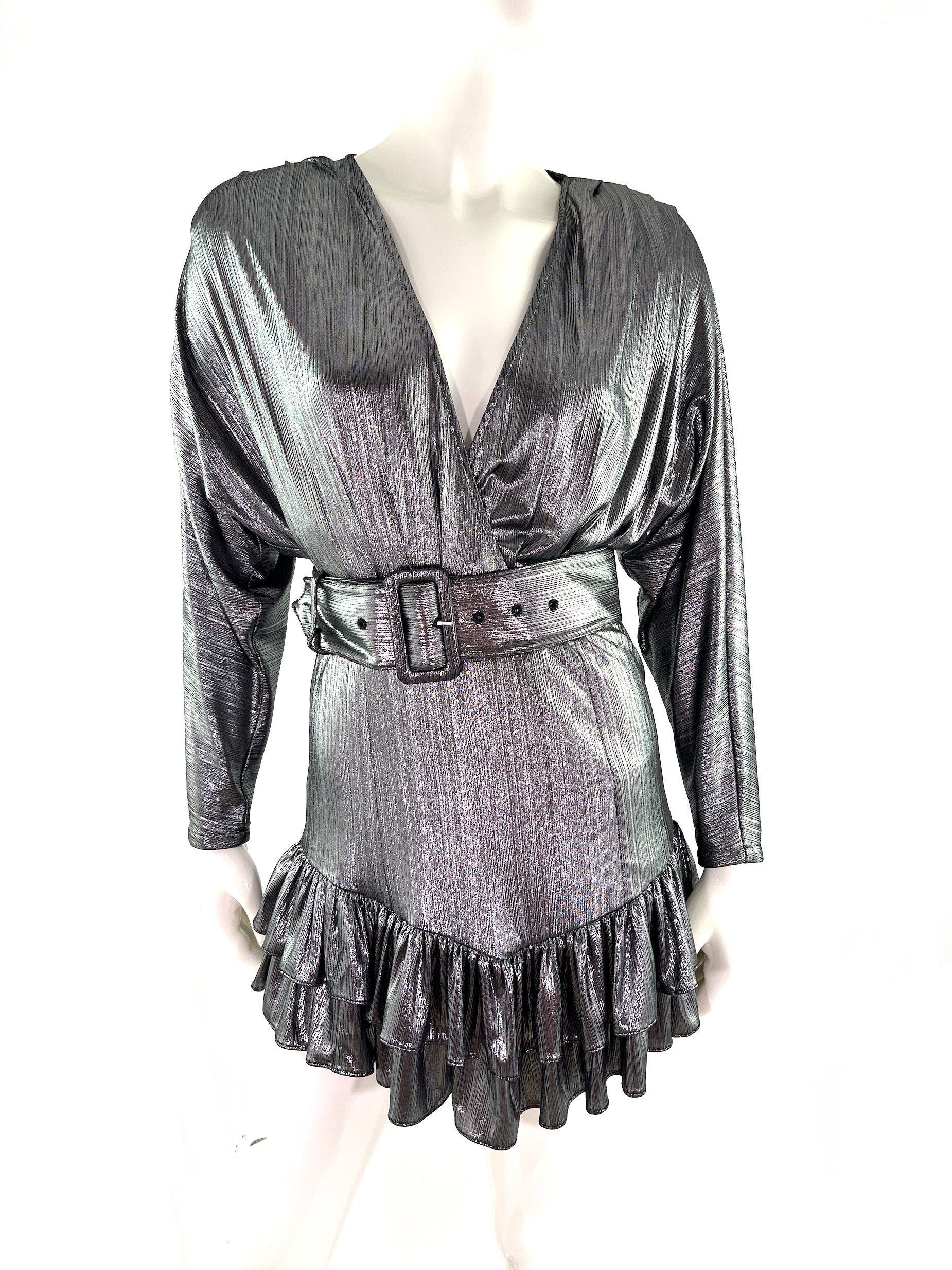 Retrofete Metallic V Neck Mini Long Sleeve Belted Dress S Retrofete Metallic V Neck Mini Long Sleeve Belted Dress S