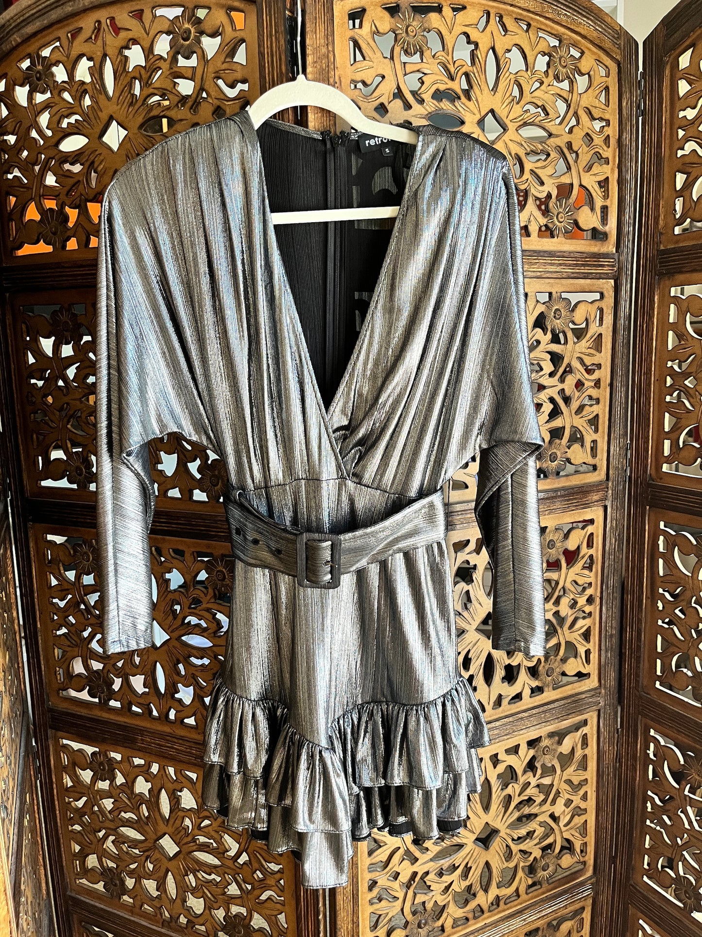 Retrofete Metallic V Neck Mini Long Sleeve Belted Dress S