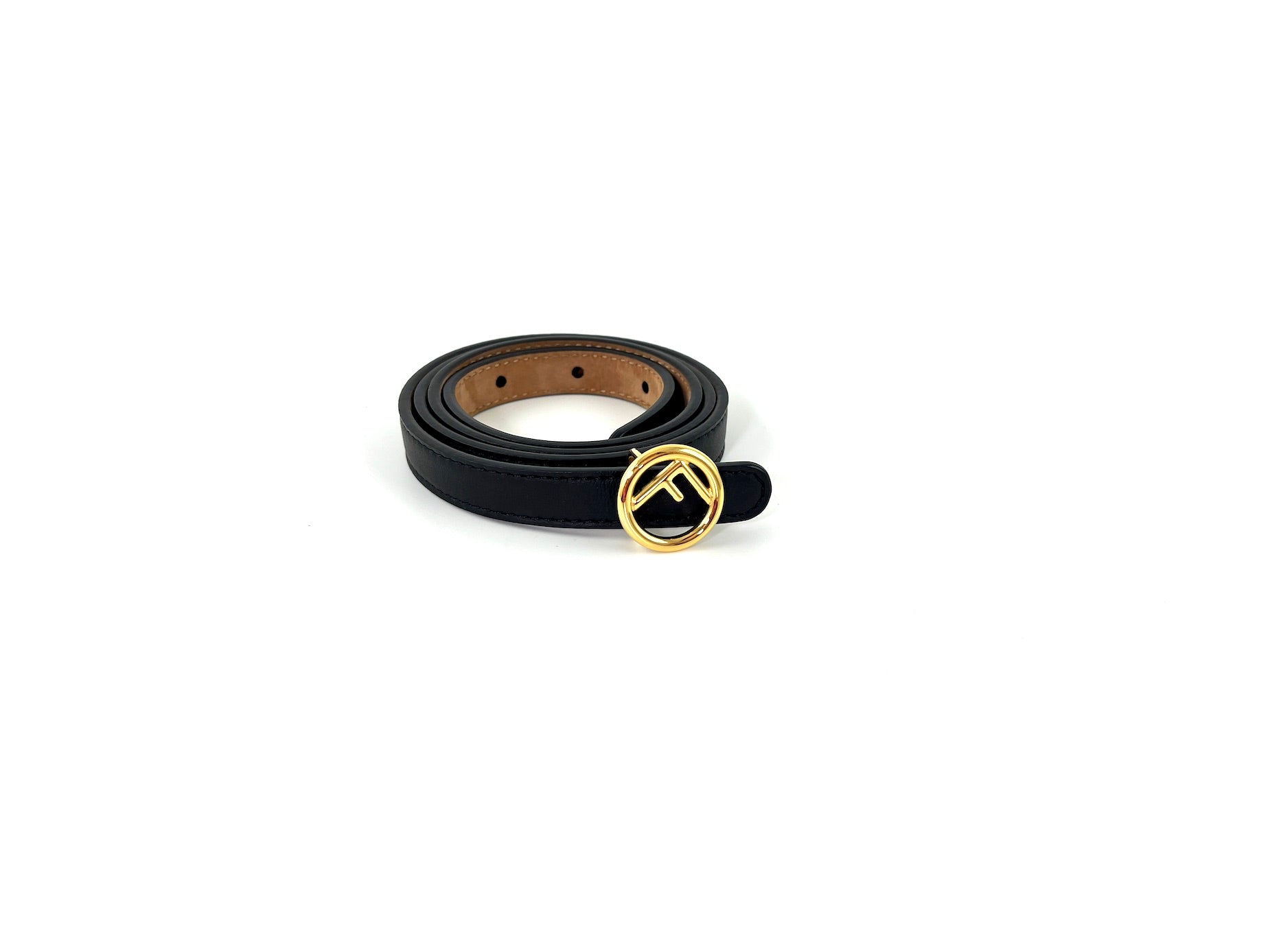 FENDI Black Leather Skinny Belt 85