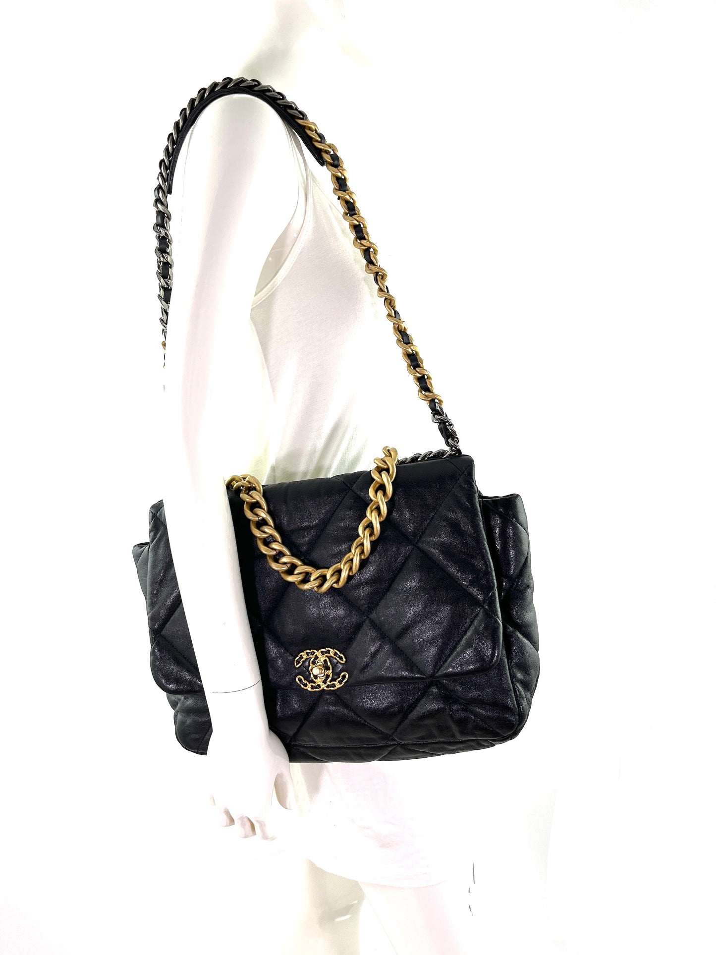 CHANEL 19 Black Goatskin 2020 Chain Quilted Maxi Bag