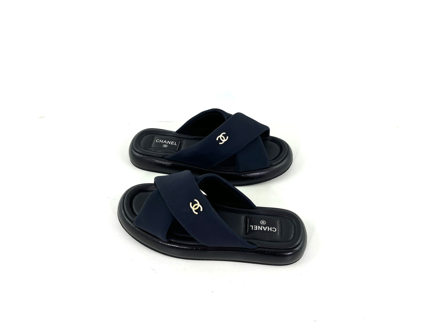 CHANEL Puffy 2022 Criss Cross Black Slide Sandals 41