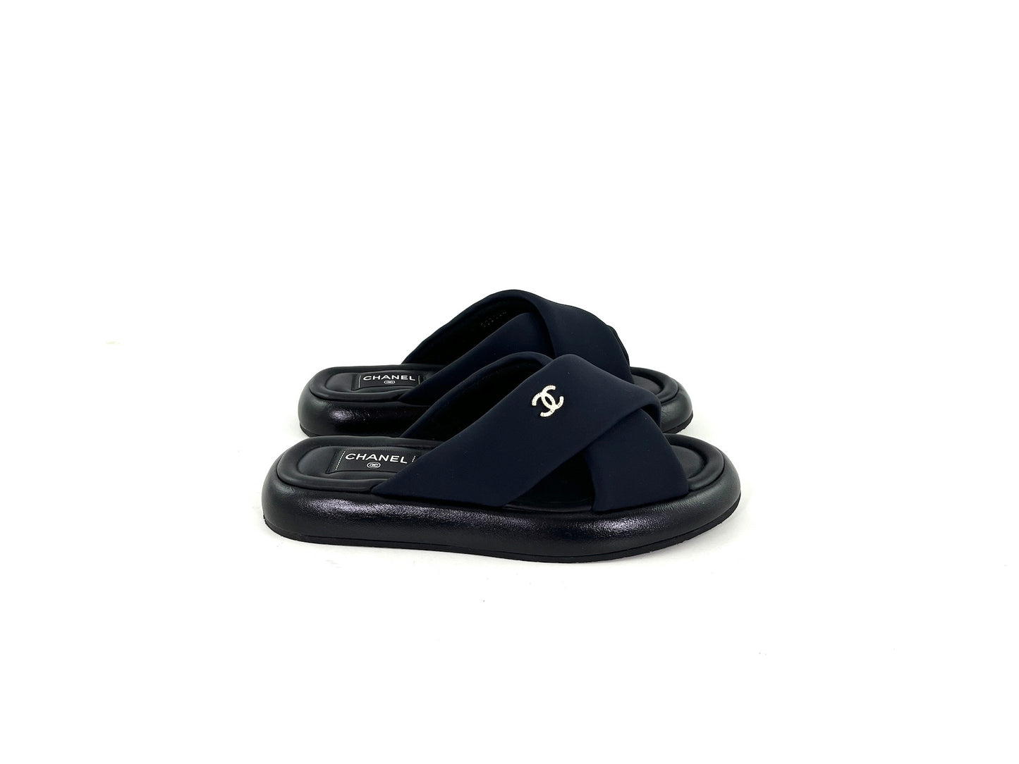 CHANEL Puffy 2022 Criss Cross Black Slide Sandals 41
