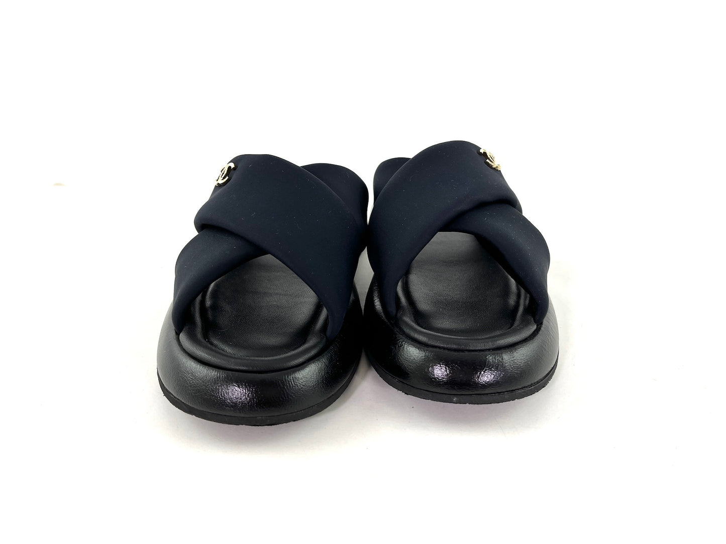 CHANEL Puffy 2022 Criss Cross Black Slide Sandals 41