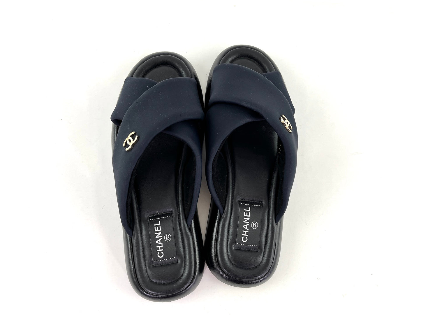 CHANEL Puffy 2022 Criss Cross Black Slide Sandals 41
