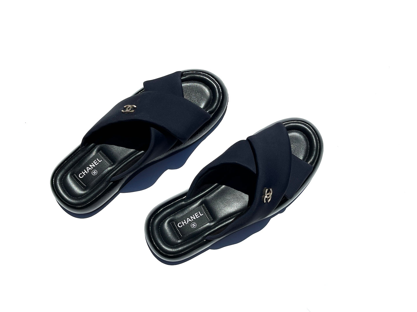 CHANEL Puffy 2022 Criss Cross Black Slide Sandals 41