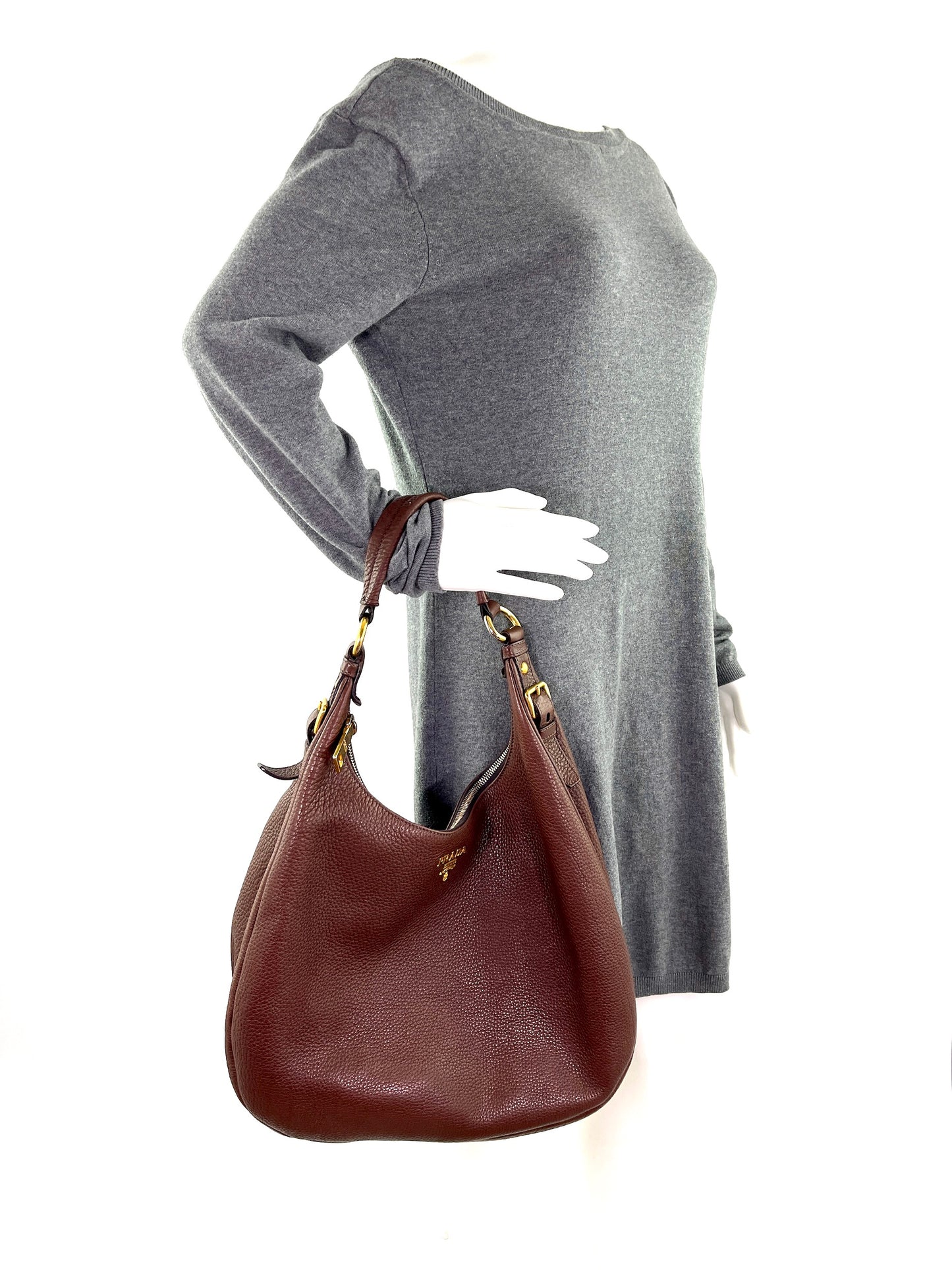 Prada Vitello Daino Brown Leather Hobo Bag