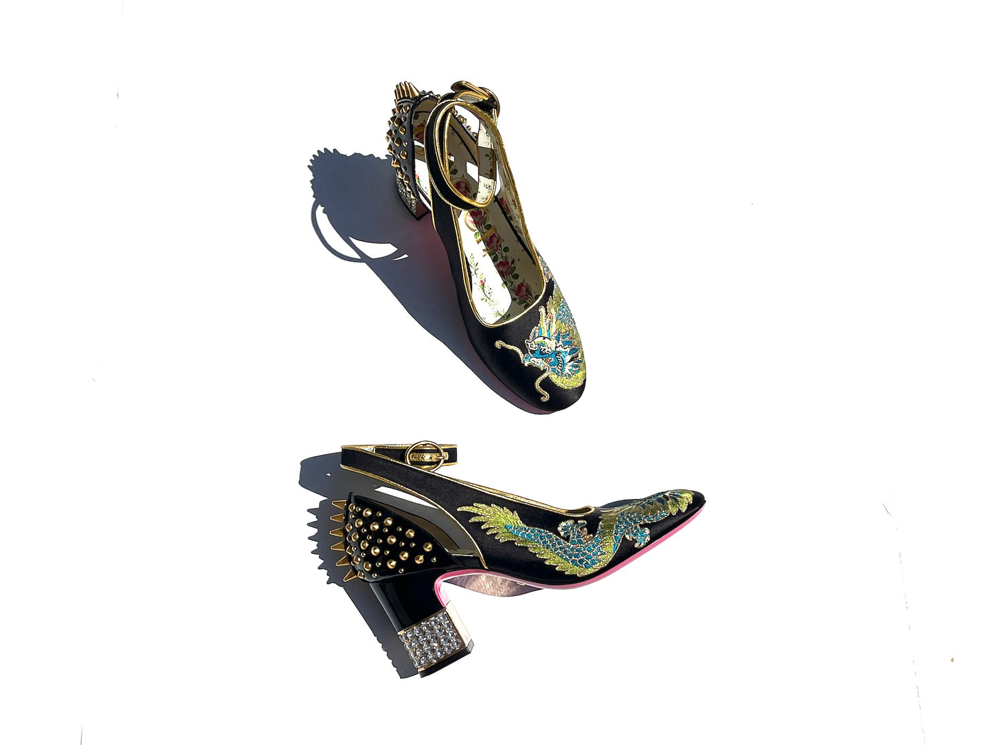 Gucci Caspar Spike D’Orsay Black Satin Crystal Pumps 38 8