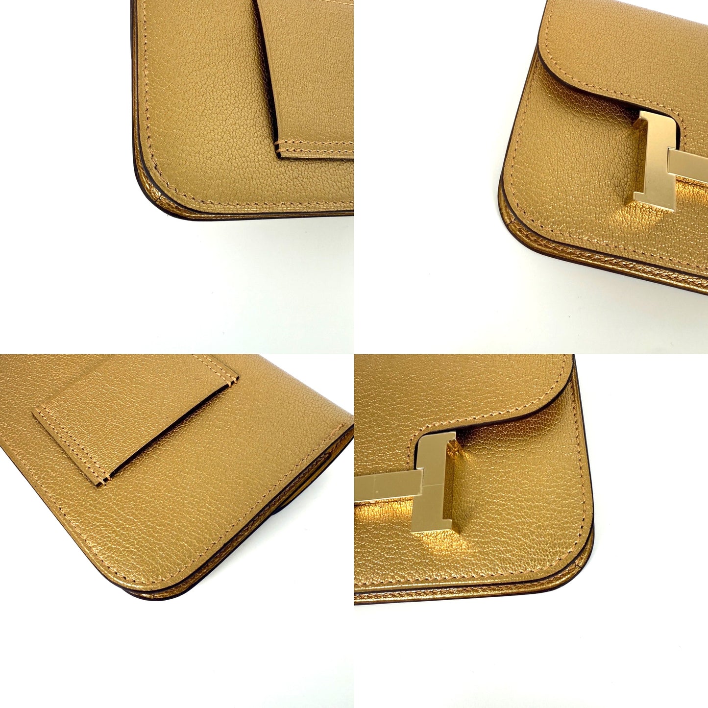 New HERMES Constance Slim Compact Dore Gold Chamkilight Goatskin Wallet Belt Bag