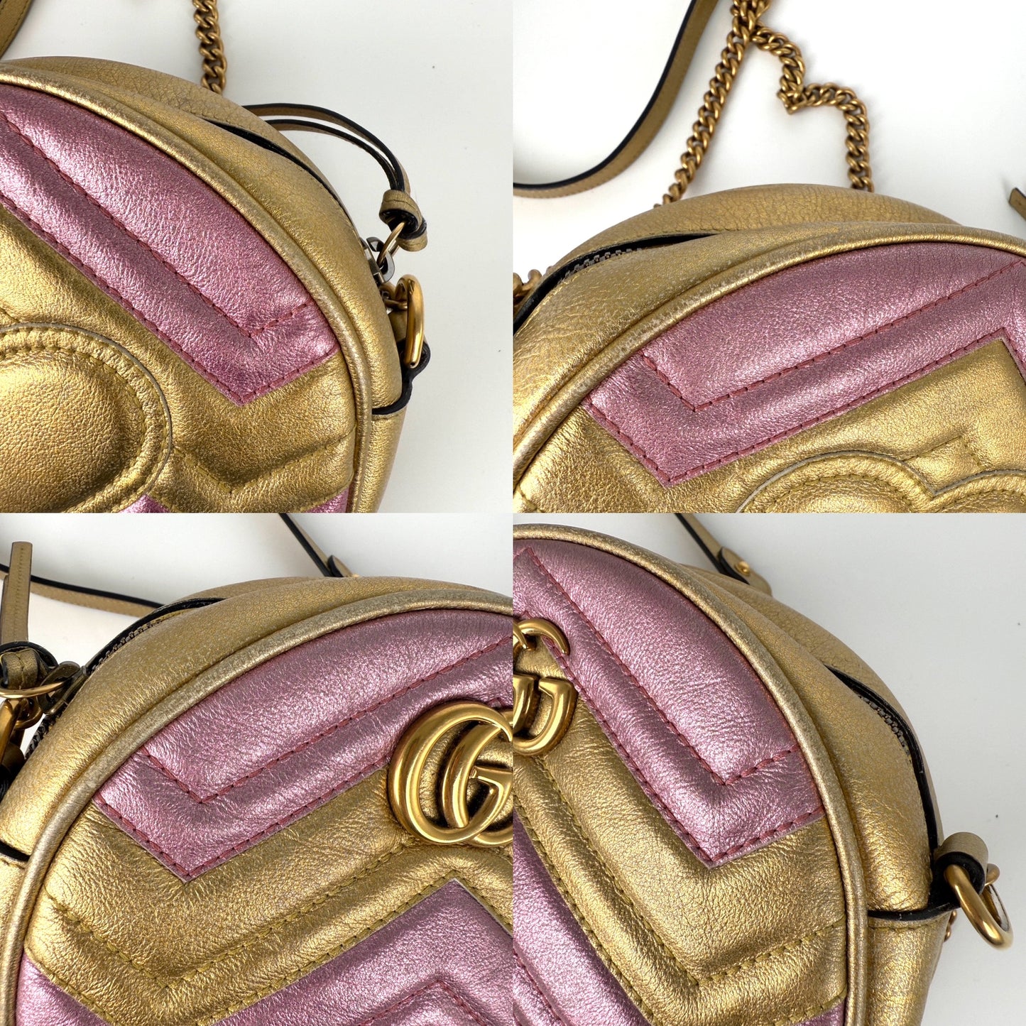 GUCCI Marmont Gold Pink Metallic Circle Crossbody Chain Bag