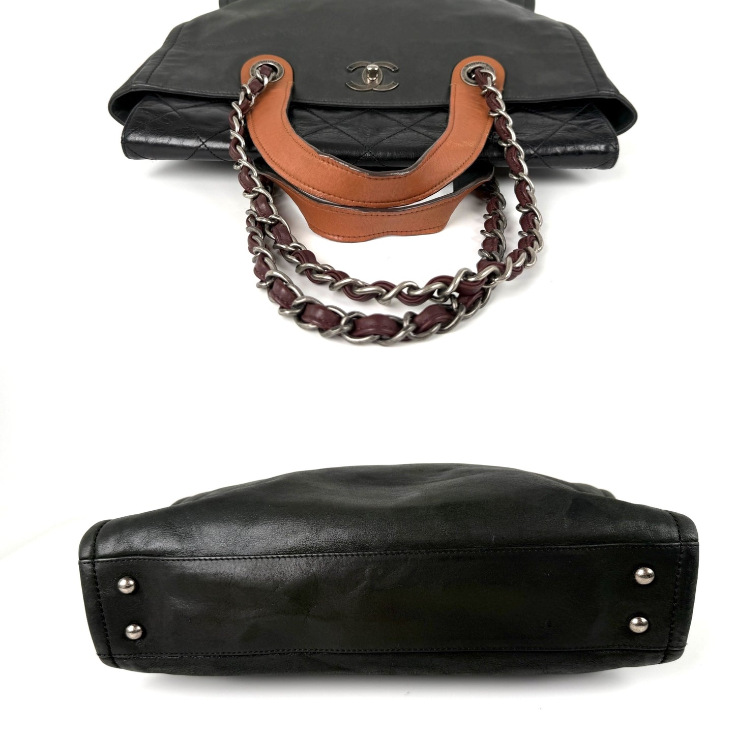 CHANEL Portobello In the Mix Soft CC Turn lock Black Brown Iridescent Leather Shoulder Tote Bag