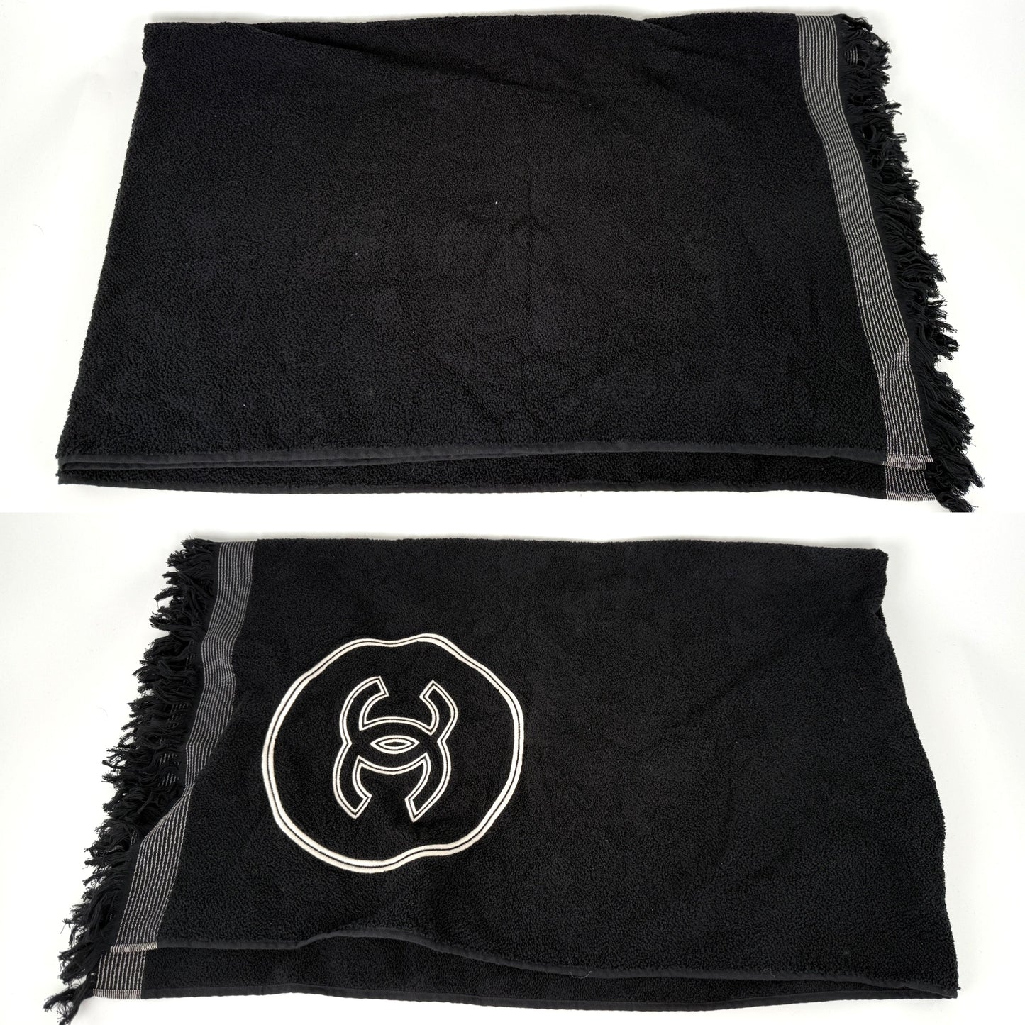 CHANEL Terry Cotton Fringe CC Logo Black Ecru Beach Shopping Tote with Pouch and Towel