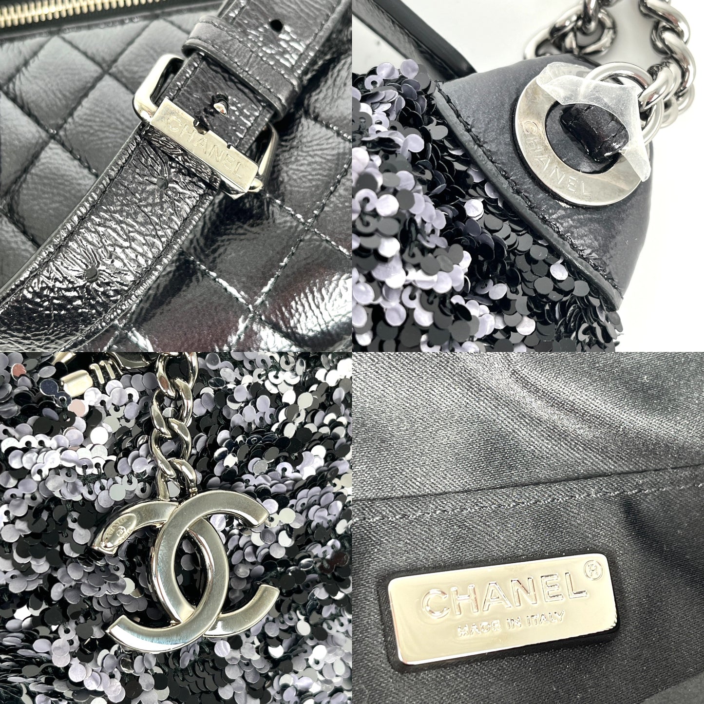 CHANEL Sequin Glazed Calfskin Black Silver 2018 Waist Fanny Bum Bag