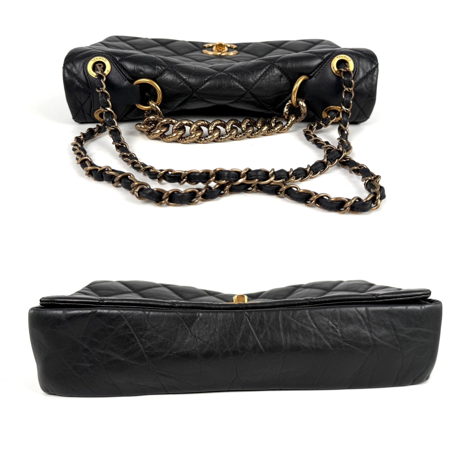 CHANEL Paris Bombay Pondicherry Black Full Flap Aged Quilted Leather Top Handle Shoulder Bag