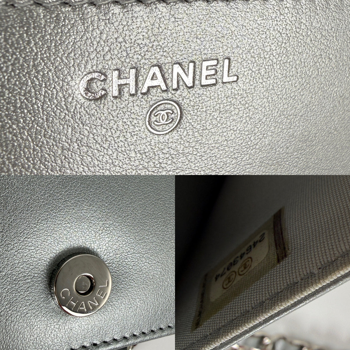 CHANEL Silver Crystal Camelia Embossed Wallet on Chain WOC Crossbody Bag