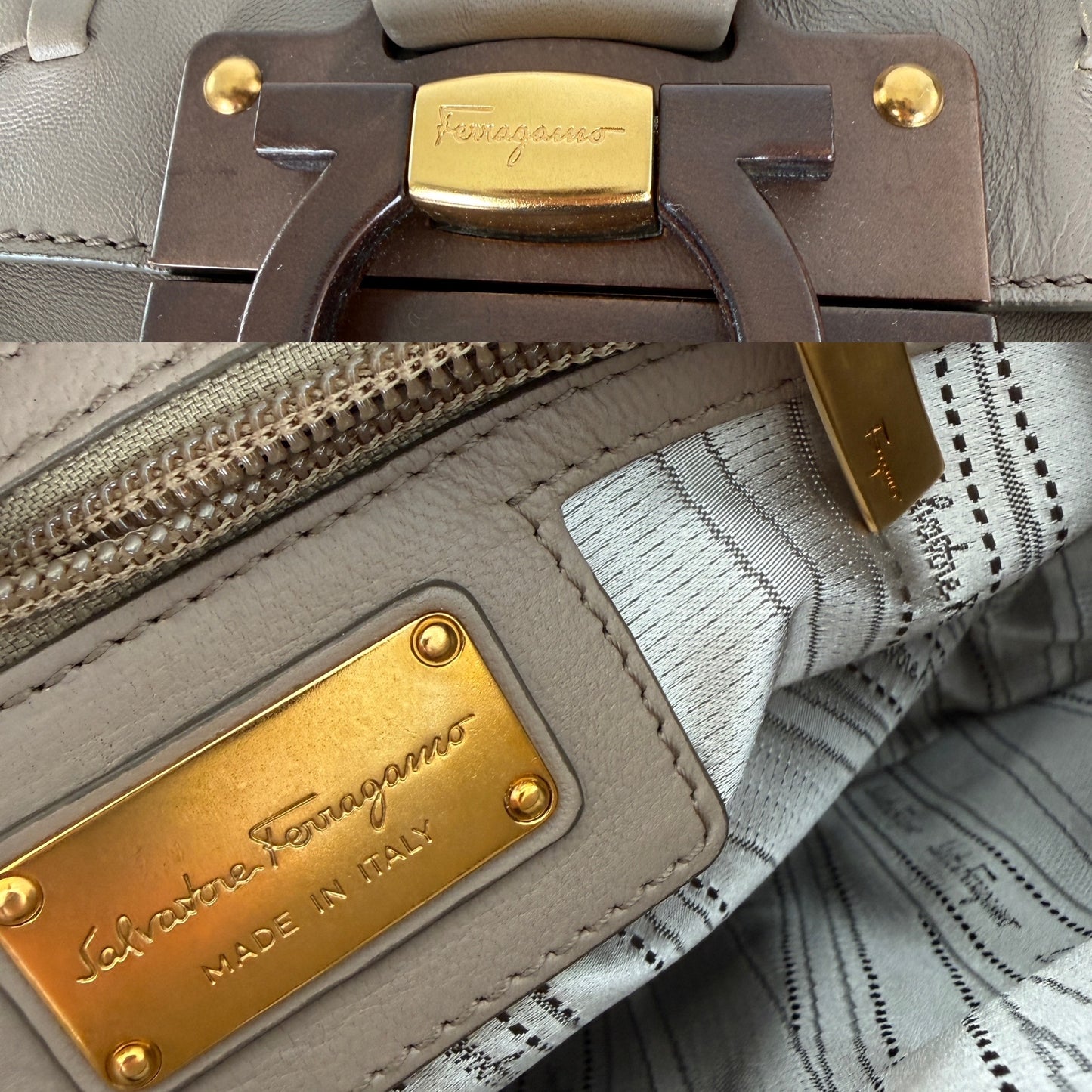 Salvatore Ferragamo Taupe Leather Whipstitch Shoulder Bag